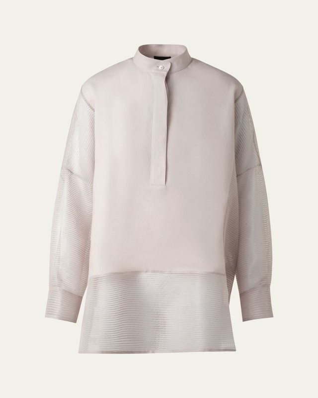 Mixed-Media Linen Toile Striped Organza Tunic Blouse